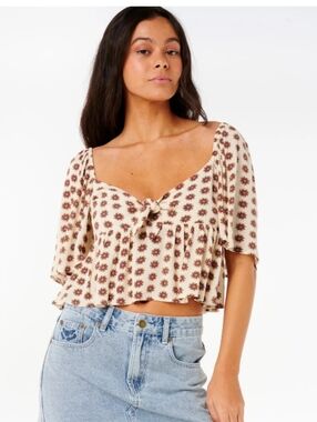Rip Curl  Cala Nights Cream Floral Tie-Front Crop Top